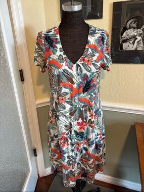 Pure Essence Tropical Floral V-Neck Midi Dress in Coral & Teal NWOT SP